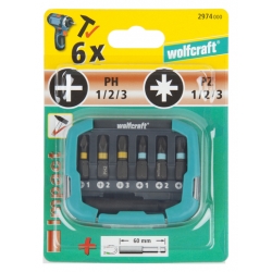 Zestaw bitów udarowych Wolfcraft - PH1/2/3 + PZ1/2/3 + uchwyt magnetyczny